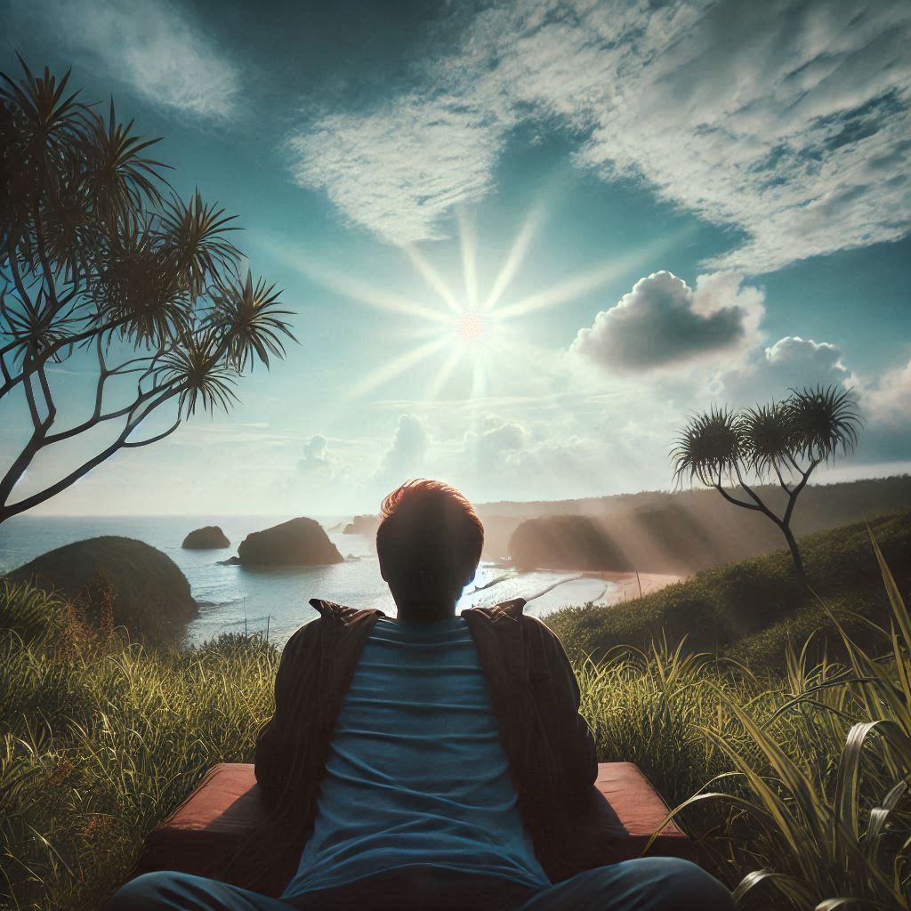 Ansiedade NUNCA MAIS: O Segredo Chocante que os Médicos NÃO Querem que Você Saiba! 1 Homem em uma pose relaxada em meio à natureza, com o céu azul e aberto ao fundo, transmitindo paz e tranquilidade