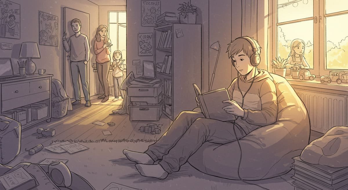 Adolescente lendo um livro em seu quarto, respeitando seu espaço individual.