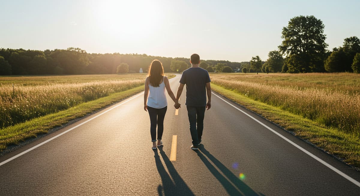 A Crise dos 7 Anos no Casamento: Guia Prático para Reacender a Paixão e o Compromisso 4 Casal de mãos dadas em um campo ensolarado, simbolizando esperança e planos para o futuro juntos.